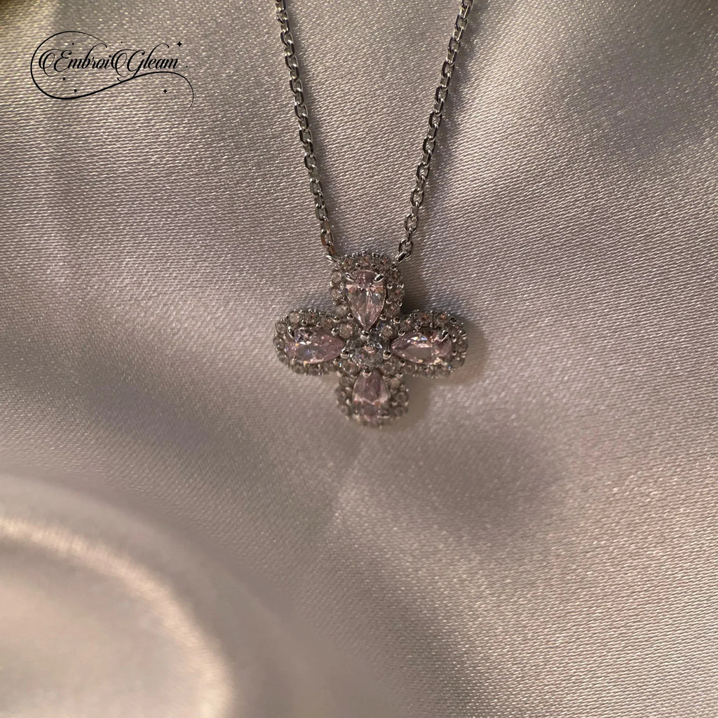 Lucky Clover Solid Silver Pink Diamond Necklace - EmbroiGleam​