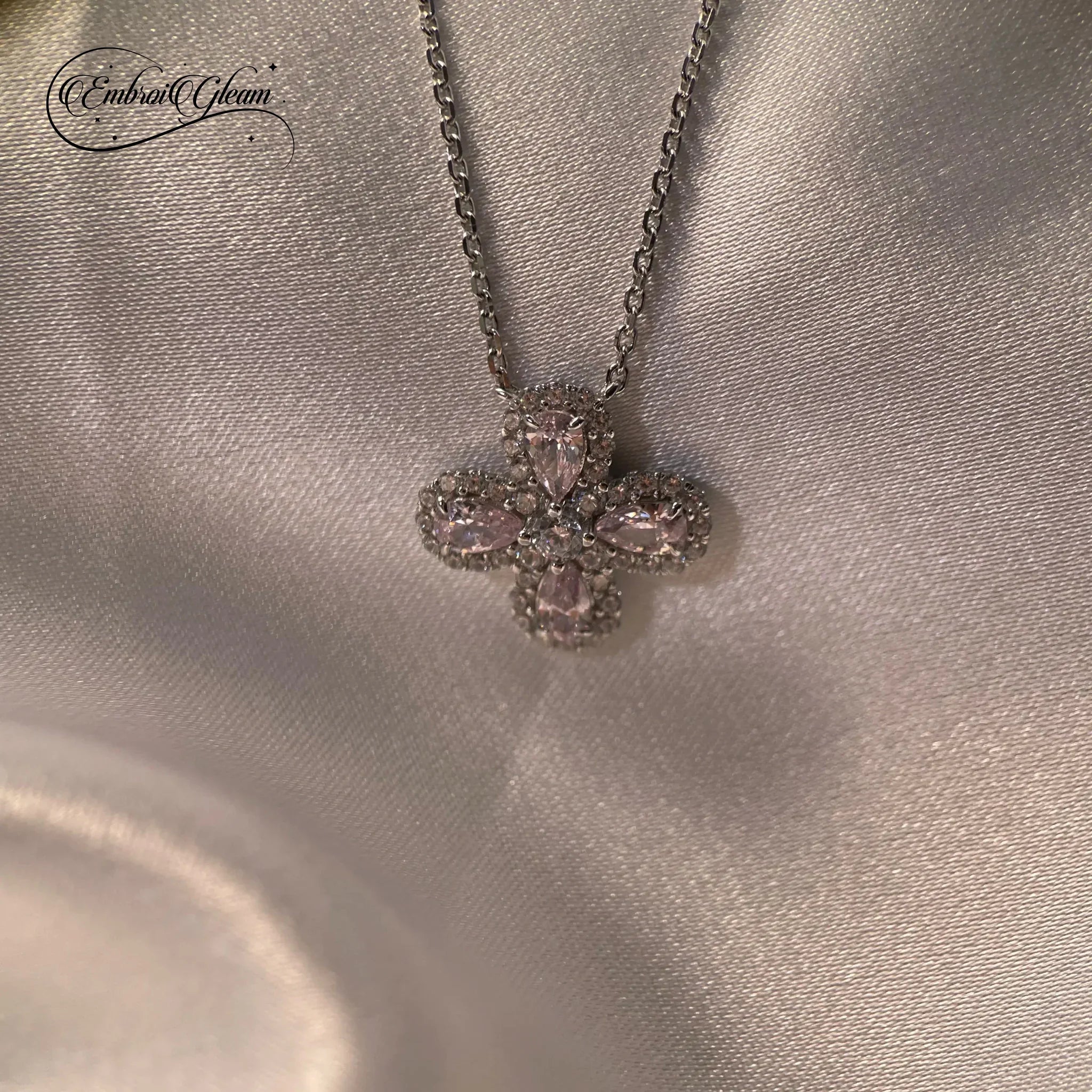 Lucky Clover Solid Silver Pink Diamond Necklace - EmbroiGleam​