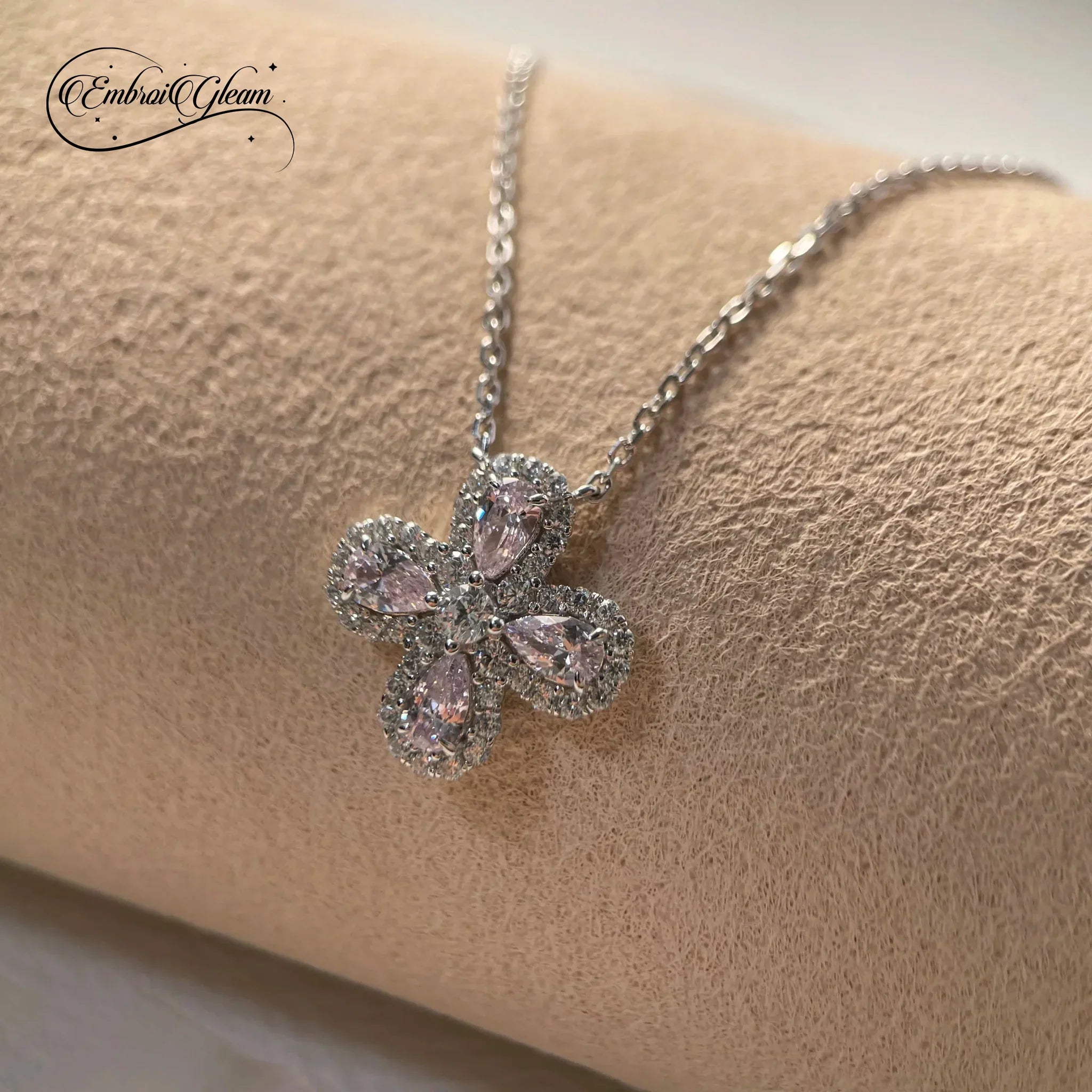 Lucky Clover Solid Silver Pink Diamond Necklace - EmbroiGleam​