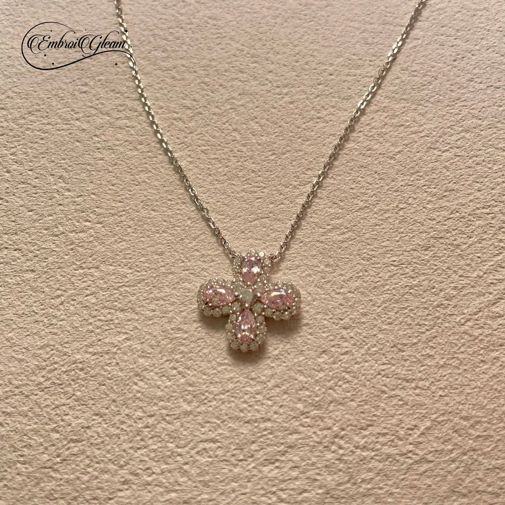 Lucky Clover Solid Silver Pink Diamond Necklace - EmbroiGleam​