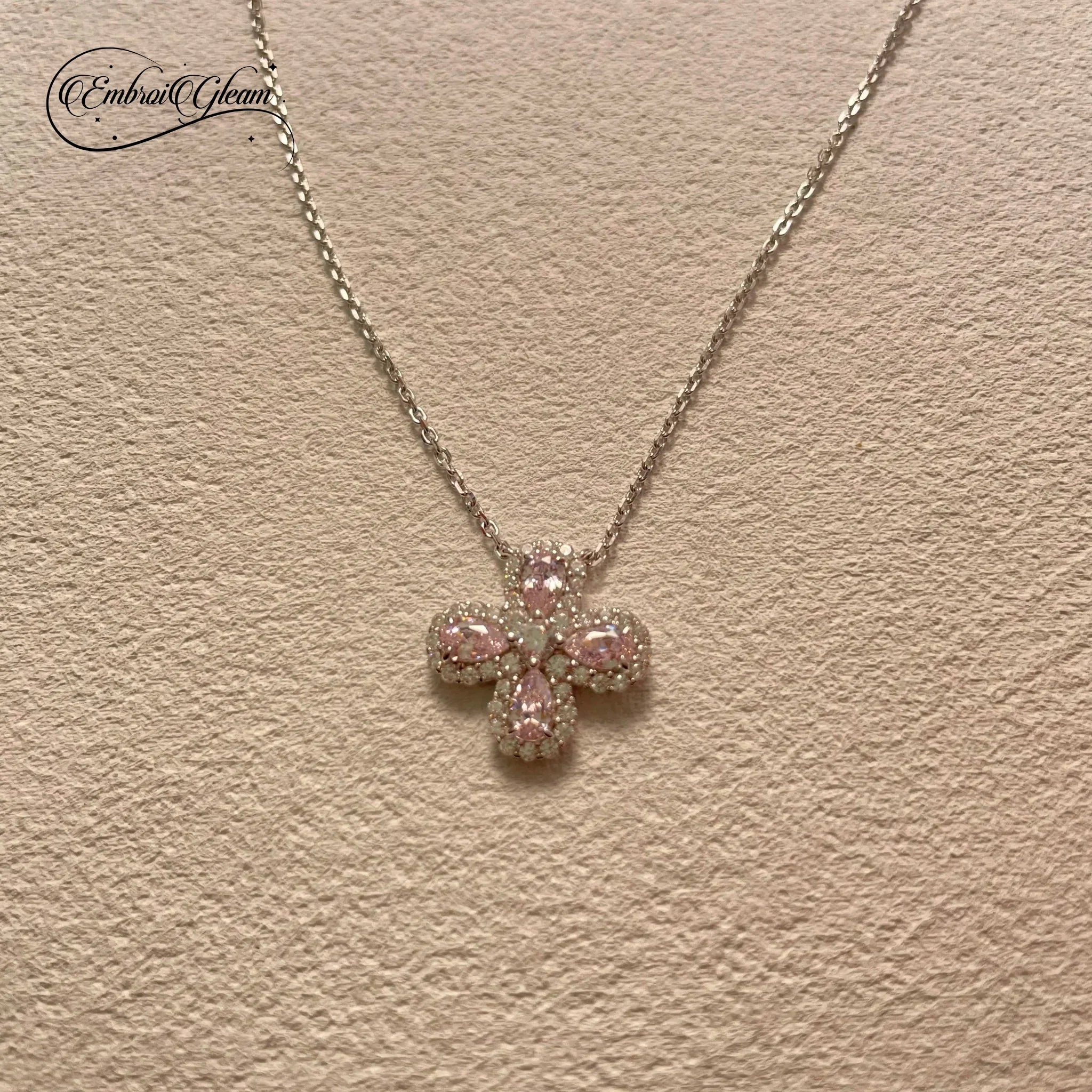 Lucky Clover Solid Silver Pink Diamond Necklace - EmbroiGleam​