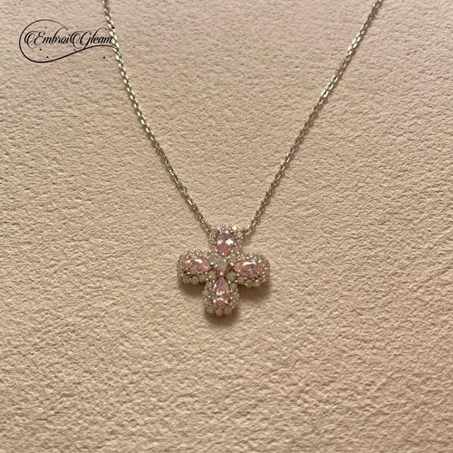 Lucky Clover Solid Silver Pink Diamond Necklace - EmbroiGleam​