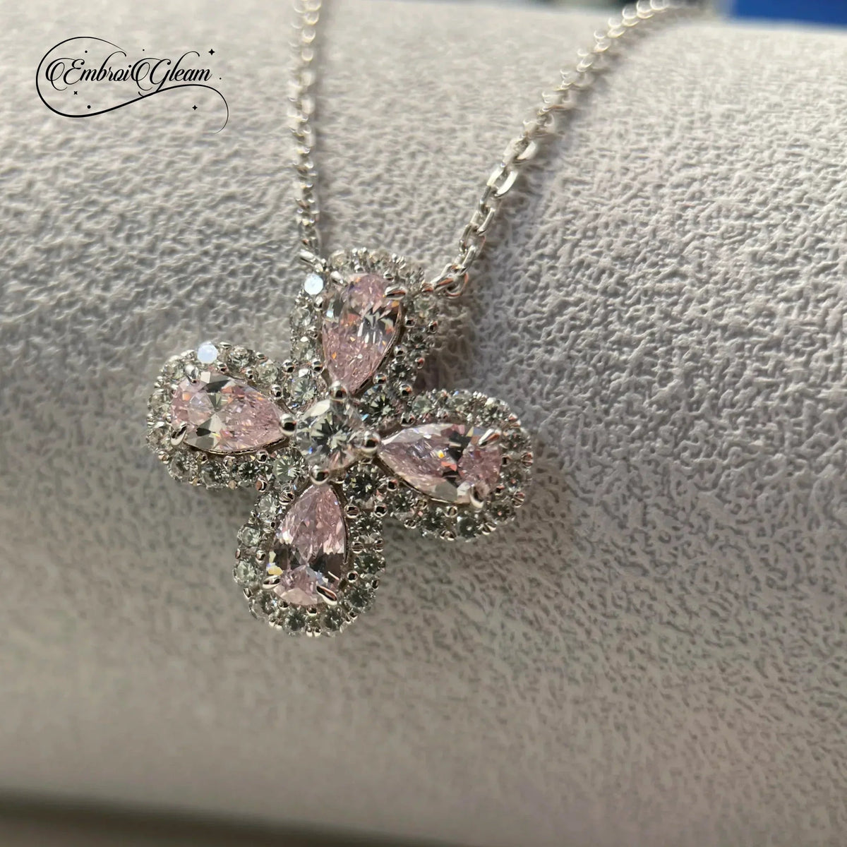 Lucky Clover Solid Silver Pink Diamond Necklace - EmbroiGleam​