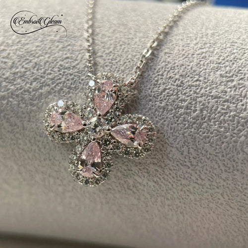 Lucky Clover Solid Silver Pink Diamond Necklace - EmbroiGleam​