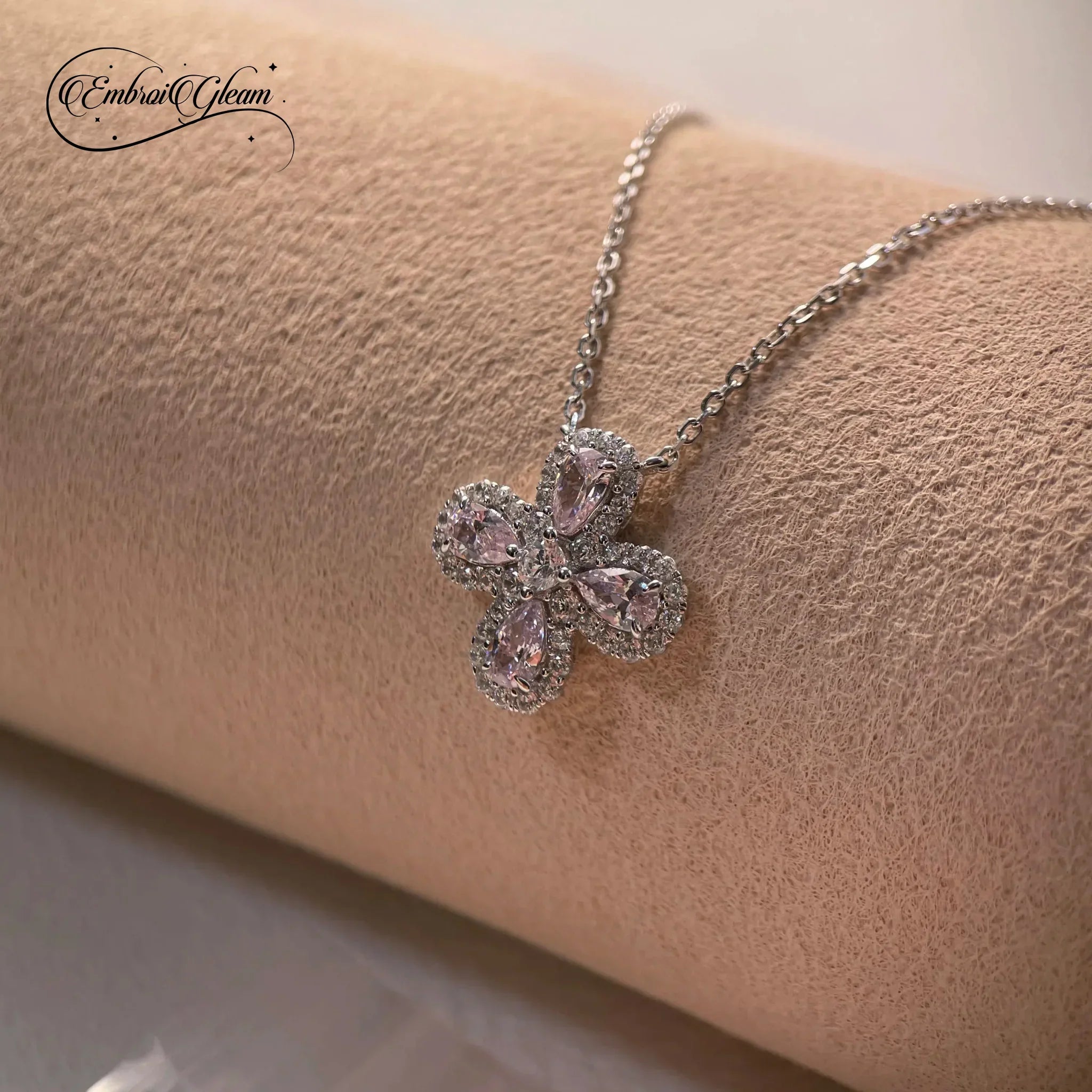 Lucky Clover Solid Silver Pink Diamond Necklace - EmbroiGleam​