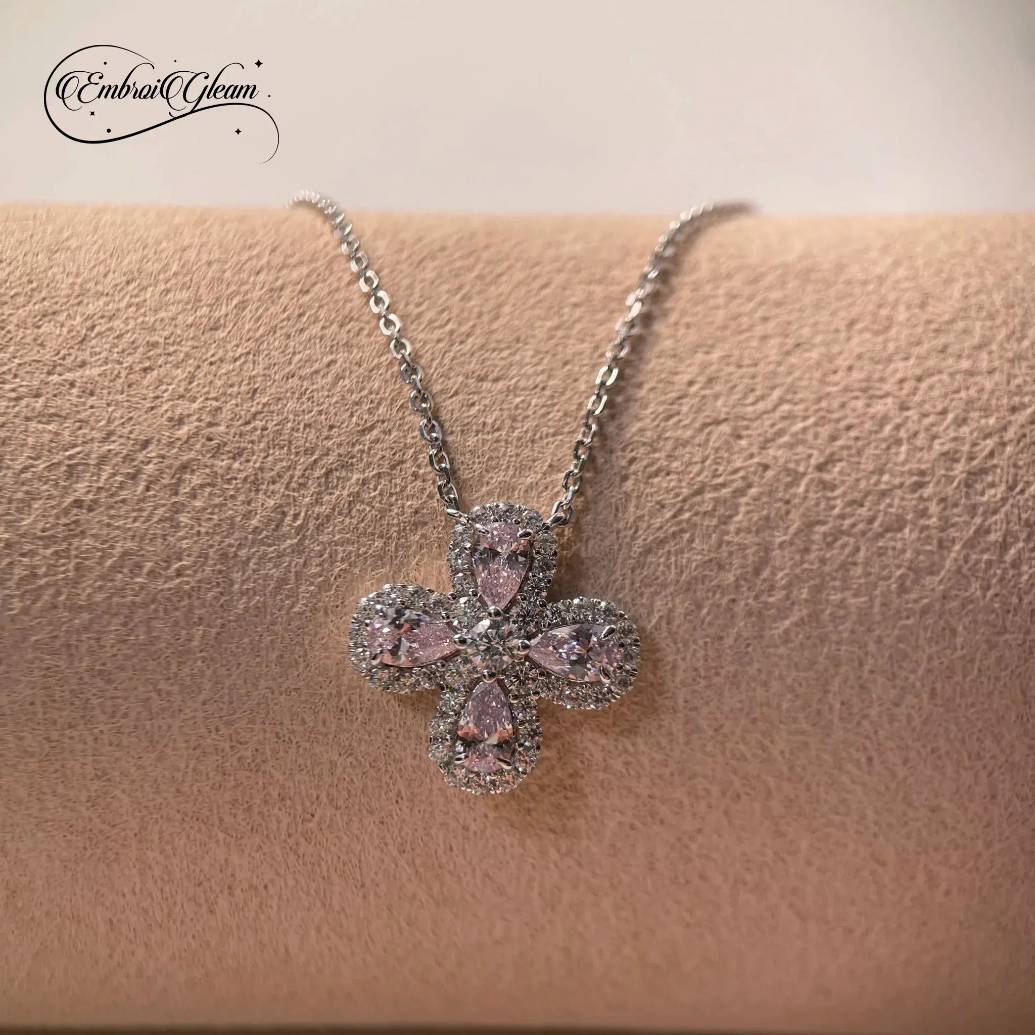 Lucky Clover Solid Silver Pink Diamond Necklace - EmbroiGleam​