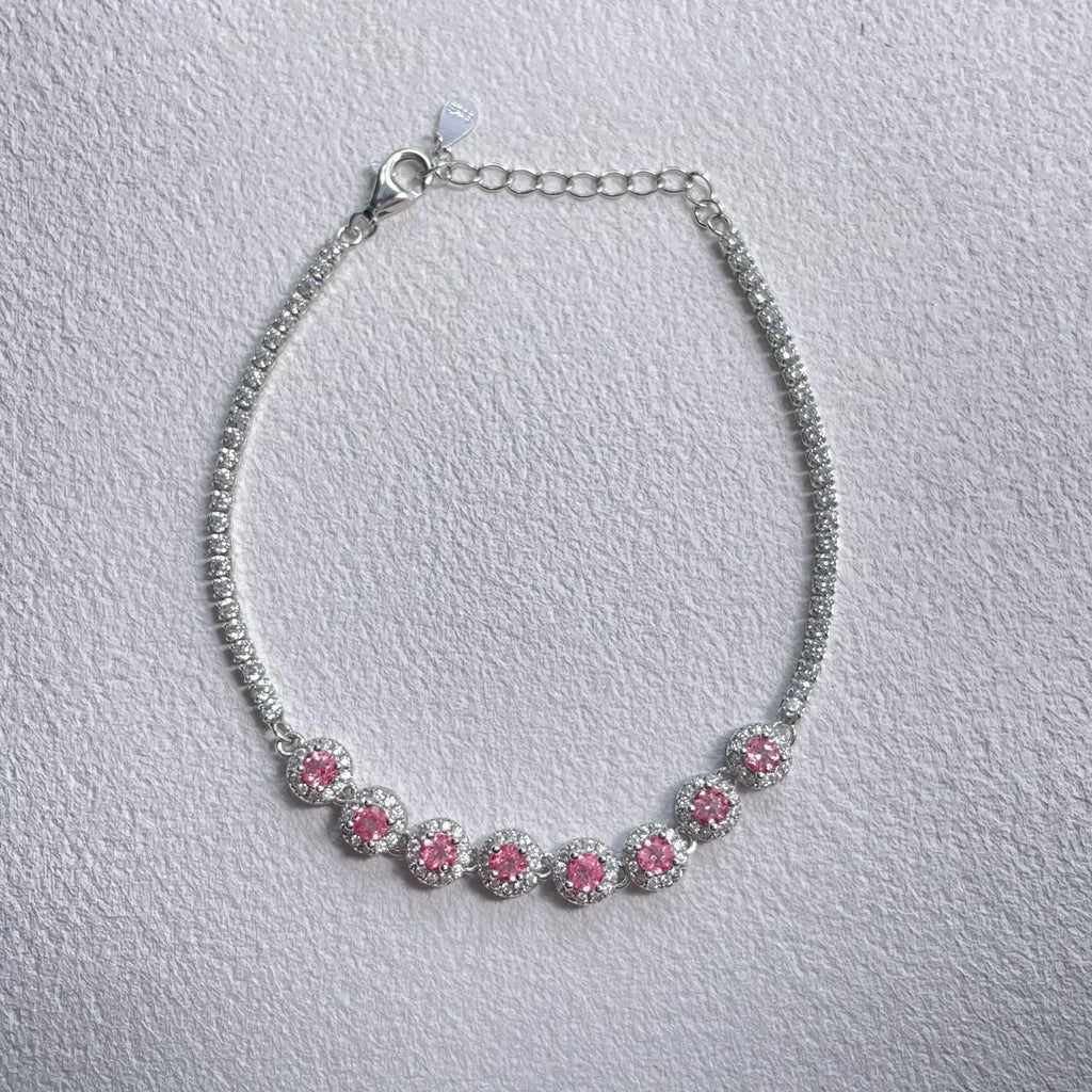 Stellar Aura · Eight - Petal Pink Topaz Silver Bracelet - EmbroiGleam​