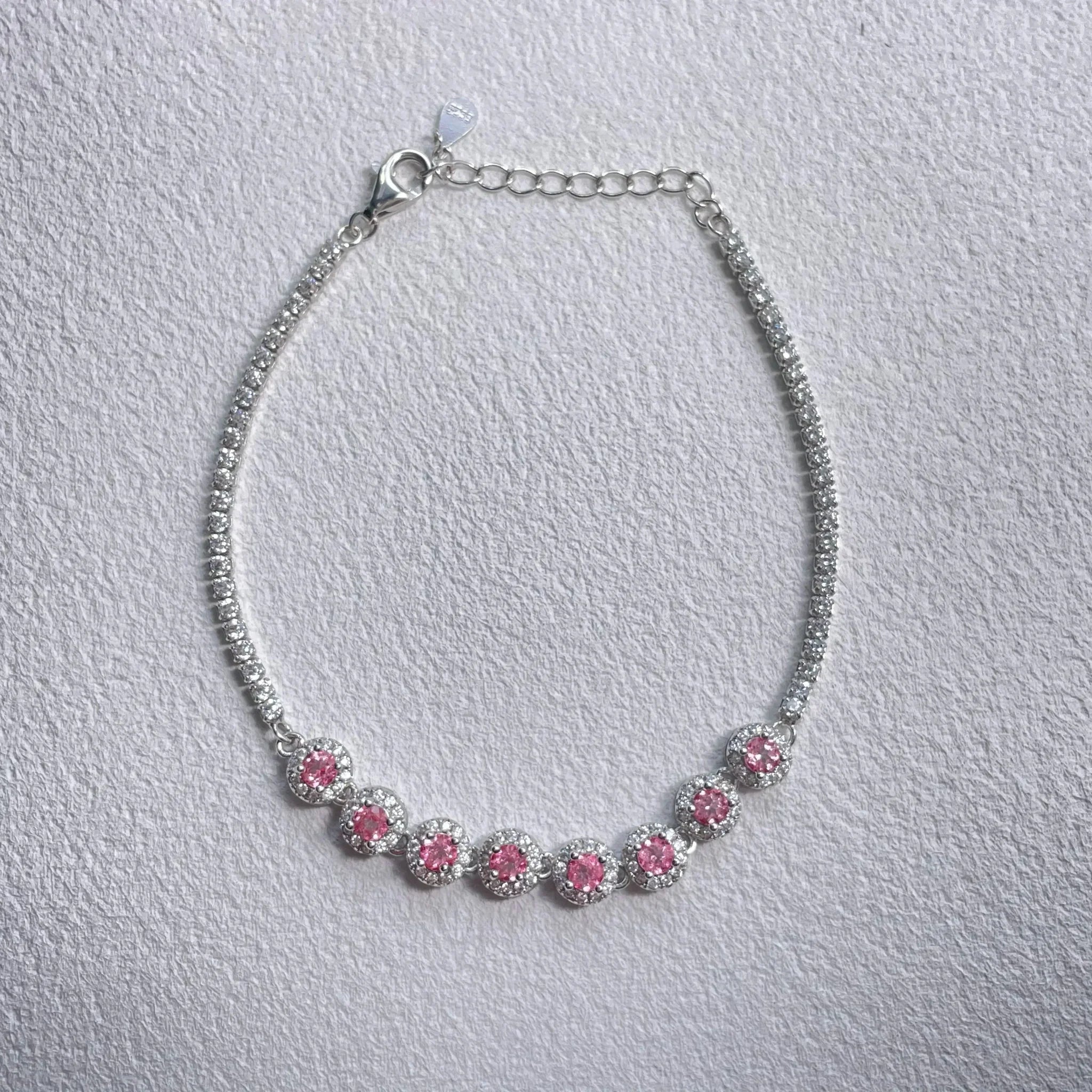 Stellar Aura · Eight - Petal Pink Topaz Silver Bracelet - EmbroiGleam​