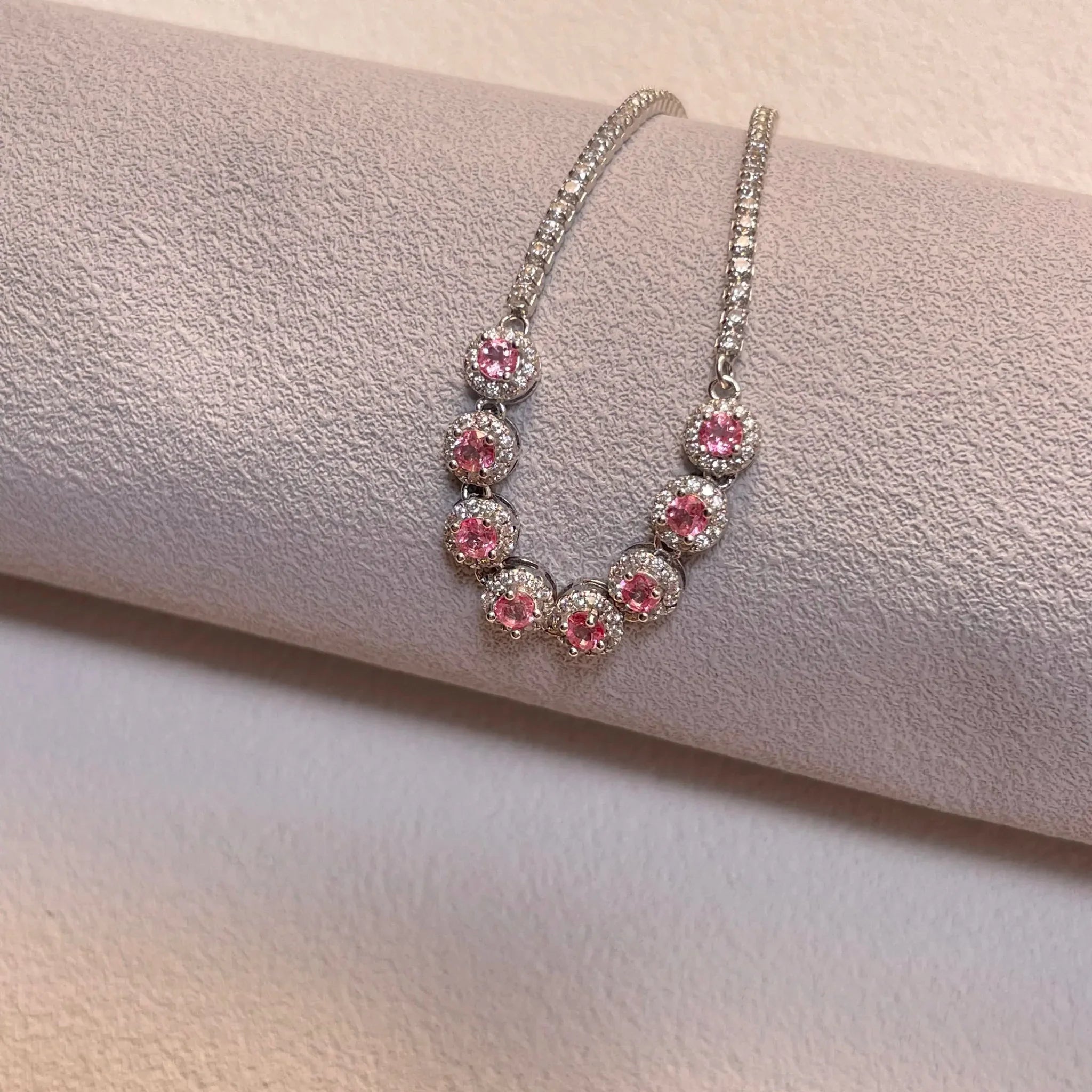 Stellar Aura · Eight - Petal Pink Topaz Silver Bracelet - EmbroiGleam​