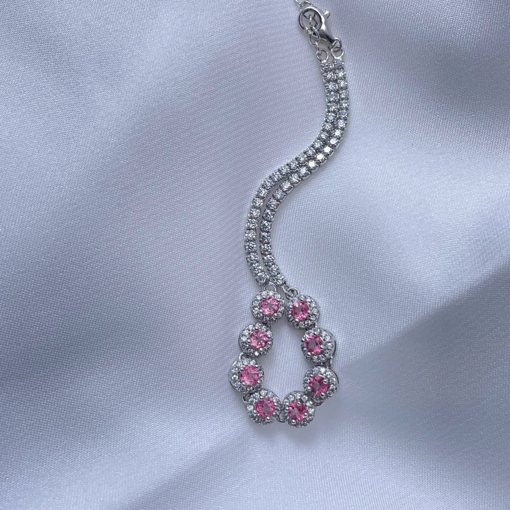 Stellar Aura · Eight - Petal Pink Topaz Silver Bracelet - EmbroiGleam​